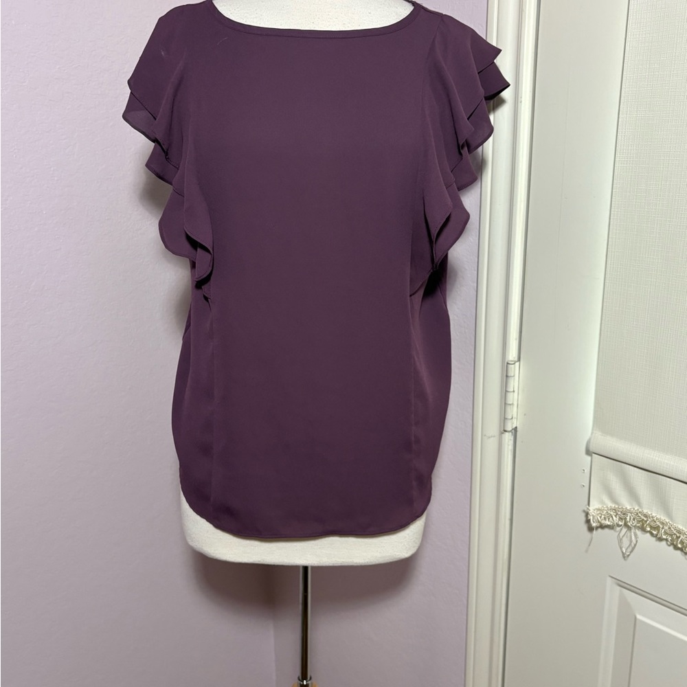 LOFT Purple Ruffled Flutter Sleeve Blouse. Size L